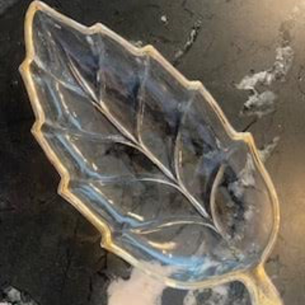 Vintage 1950s Clear Glass Leaf Shape Relish Candy/ Nut Dish with Gold Trim